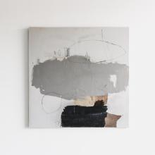 artist chris brandell's painting sharks tooth is a abstract artwork on canvas in greys, blacks and ochres. Shark's tooth measures  40 x 40. 