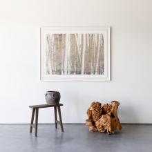 bill claps bamboo stand artwork with stool and cedarwood form 