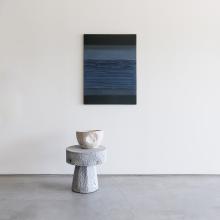 David Skillicorn painting Adagio with lesung stool and wood bowl. 