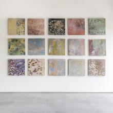 jennifer wagner painting series curious establishments hanging on gallery wall 