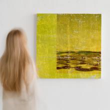 Mark Jackson _Beach Club Sunshine_ 30 x 30 _with model_abstract_mixed media_pacific natural Aesthetic 