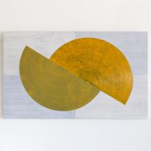 Abstract artwork featuring two overlapping circles painted in shades of yellow and green on a background divided into white and light blue quadrants. This piece, by David Skillicorn features textured brush strokes  