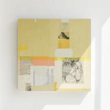 A minimalist art piece from the Sunday Selects collection, featuring a mix of geometric shapes and delicate textures in pastel shades of yellow and beige. The composition includes abstract sketches, printed text, and layered paper elements. 