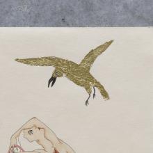 Loretta Hirsch detail of illustration on a concrete floor. The image depicts a person with short light hair wearing a bright red outfit, sitting with their knee up and head tilted. Above them, a phoenix with brown and cream feathers is in flight 