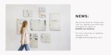 A person in a beige blazer and jeans walks past abstract artwork displayed on a white wall. To the right, text announces that the gallery's name has changed to Exhibit Art Gallery, featuring pieces by Lisa Wei, with contact information provided at info@ex 