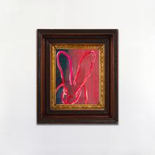 hunt slonem oil on canvas bunny in purples and pink hombre in a dark wood gilded frame 