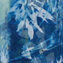 A blue-toned abstract image resembling Kristen Abbott's cyanotype artwork features various white botanical shapes such as leaves, stems, and ferns dispersed throughout. The intricate design gives the impression of underwater plant life in a fluid, flowing composition where nothing is wasted.