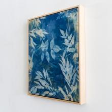 This is a side view of Someday Soon by Kristen Abbott, a cyanotype on fabric by Kristin Abbot in shades of indiogo and blue