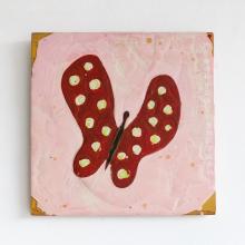 A vibrant painting of a red and pink butterfly set against a soft pink background, titled "Enchanted By Life Itself."